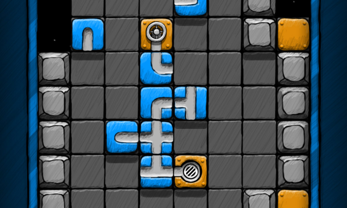 a screenshot from the puzzle game, Aqueduct, showing a group of pipe blocks starting to create a path from a faucet to a drain, but not fully complete.