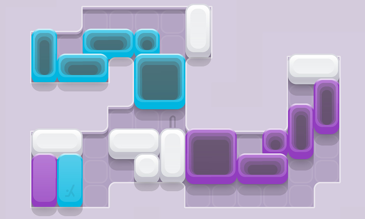 a screenshot from the puzzle game, Blockwick 2, showing an array of purple, blue, and white blocks of varying sizes strewn around the area.