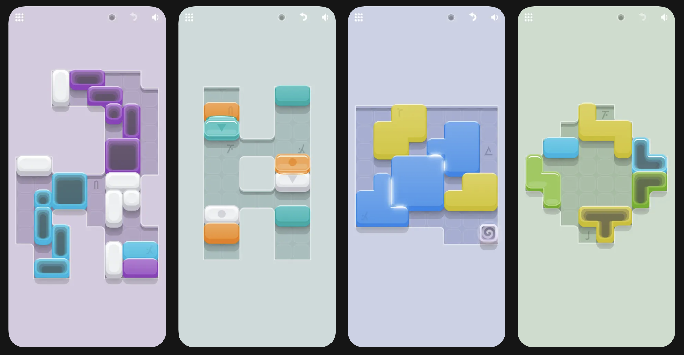 a line of screenshots from Blockwick 2, showin various colorful blocks scattered about a game board.