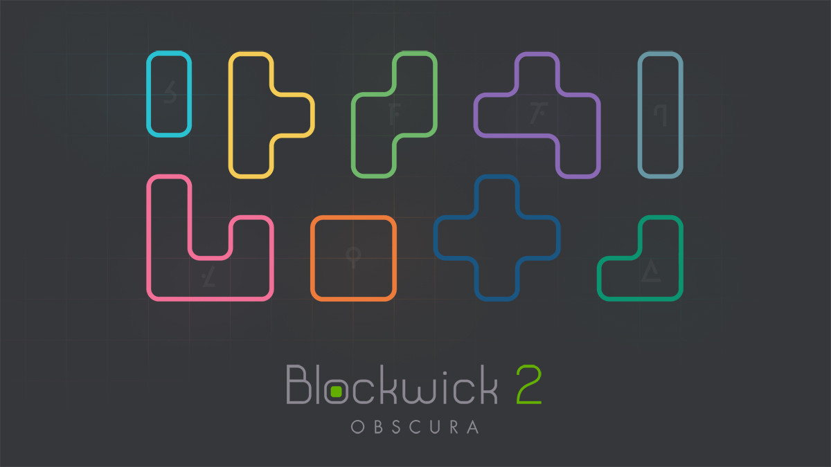 colorful outlines of blocks in various complex shapes, each containing a faint glyph. Blockwick 2 Obscura