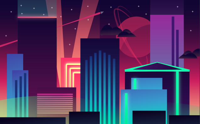 A stylized, colorful, futuristic skyline