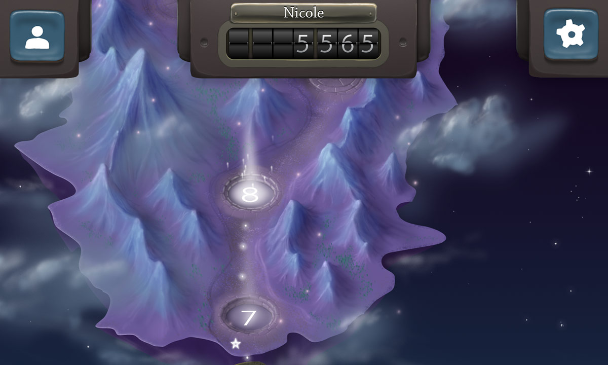 a screenshot from the word game, Spell Rift, showing a map with purple mountains floating above a starry sky