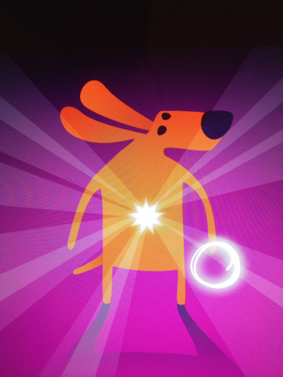 a cartoon dog with a brightly glowing star on its body. The dog is holding what appears to be a coil of glowing white rope.